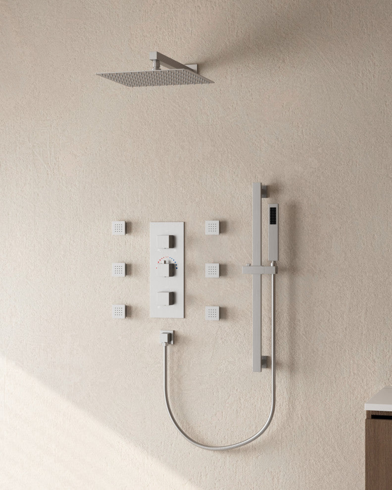 Thermostatic Shower Faucet 12" Rain Shower Head with Handheld Slide Bar System, Brushed Nickel