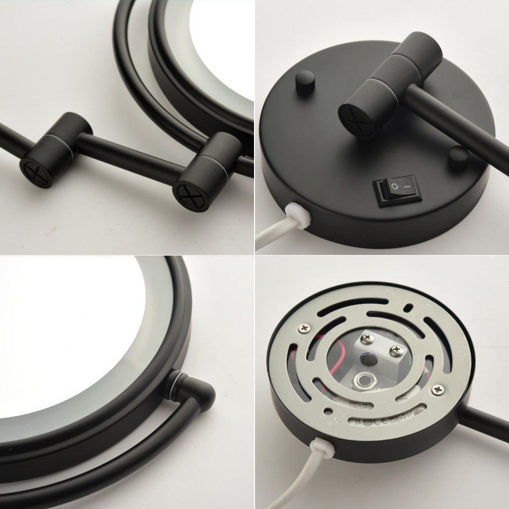 8" Round Framed Swing Arm Wall Mounted LED Makeup Mirror, Matte Black