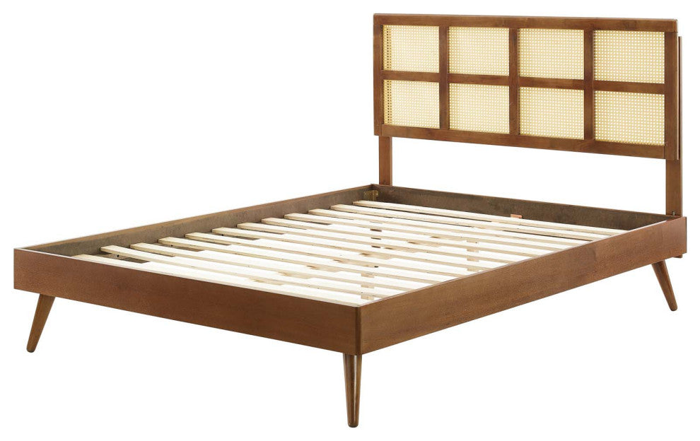 Platform Bed Frame, King Size, Wood, Brown Walnut, Modern Mid-Century, Bedroom
