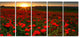 Sunset over Garden with Red Poppies, Floral Canvas Art Print, 60"x28", 5 Panels