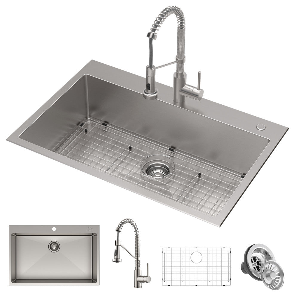 Stark 33" Drop-In Undermount Kitchen Sink, Pulldown Faucet, Stainless Steel