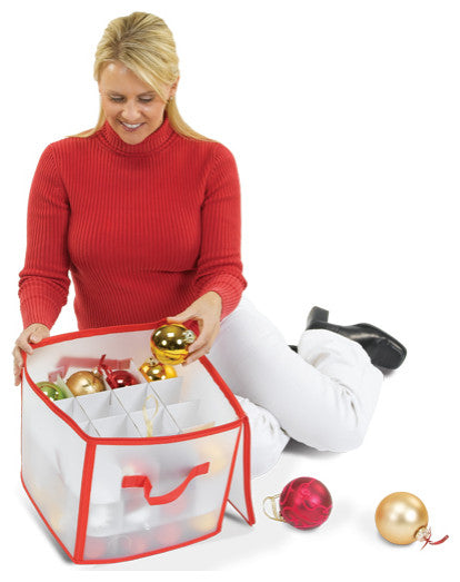 12" Red and Clear Zip Up Christmas Ornament Storage Bag, Holds 64 Ornaments