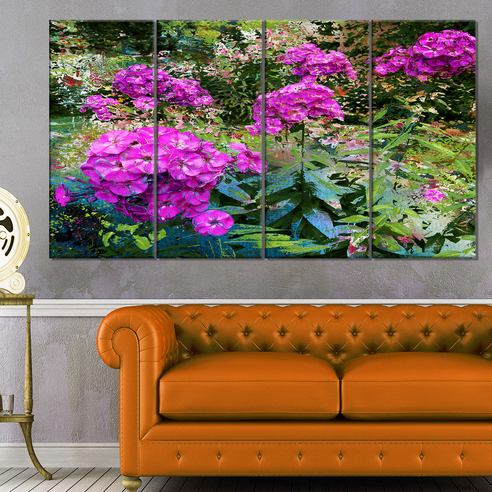 Theme With Pink Flowers and Green, Floral Art Canvas Print, 48"x28", 4 Panels