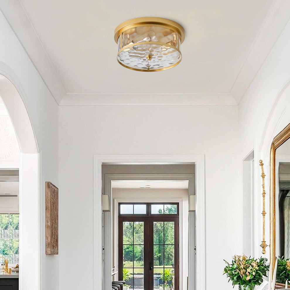 Industrial Gold 2-Light Water Ripple Glass Flush Mount Ceiling Light