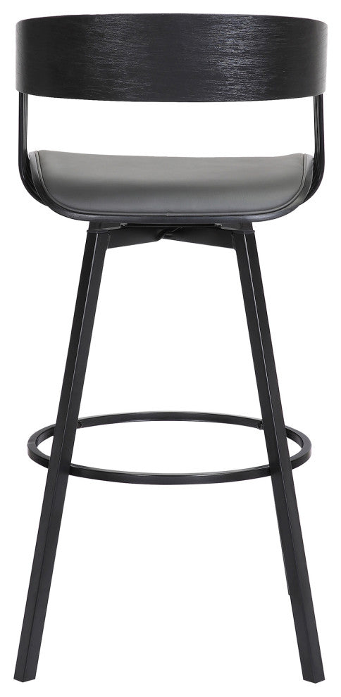 Athena 27" Swivel Black Wood Counter Stool in Gray Faux Leather with Black Metal, 31