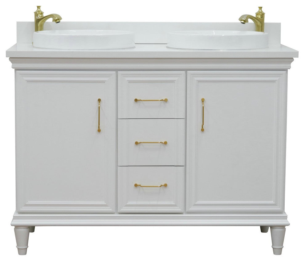49" Double Vanity In White Finish With White Engineered Stone Top And Round Sink