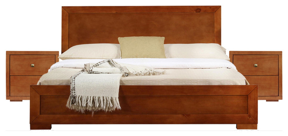 Moma Cherry Wood Platform Queen Bed With Two Nightstands