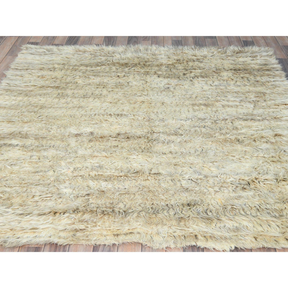 Ivory, Moroccan Berber, Organic Wool, Hand Knotted, Square Rug, 6'x6'1"