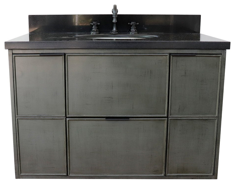 37" Single Wall Mount Vanity, Linen Gray Finish With Black Galaxy Top