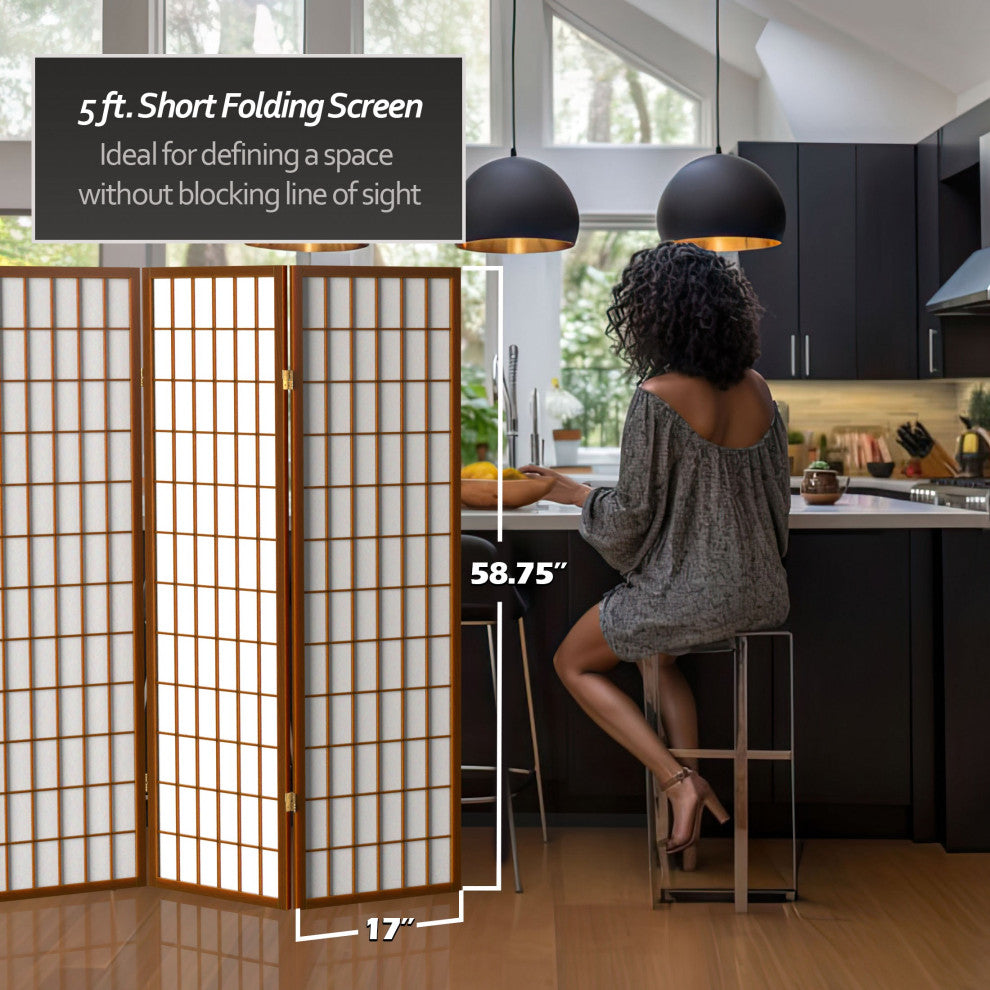 5' Tall Window Pane Shoji Screen, Walnut, 3 Panels