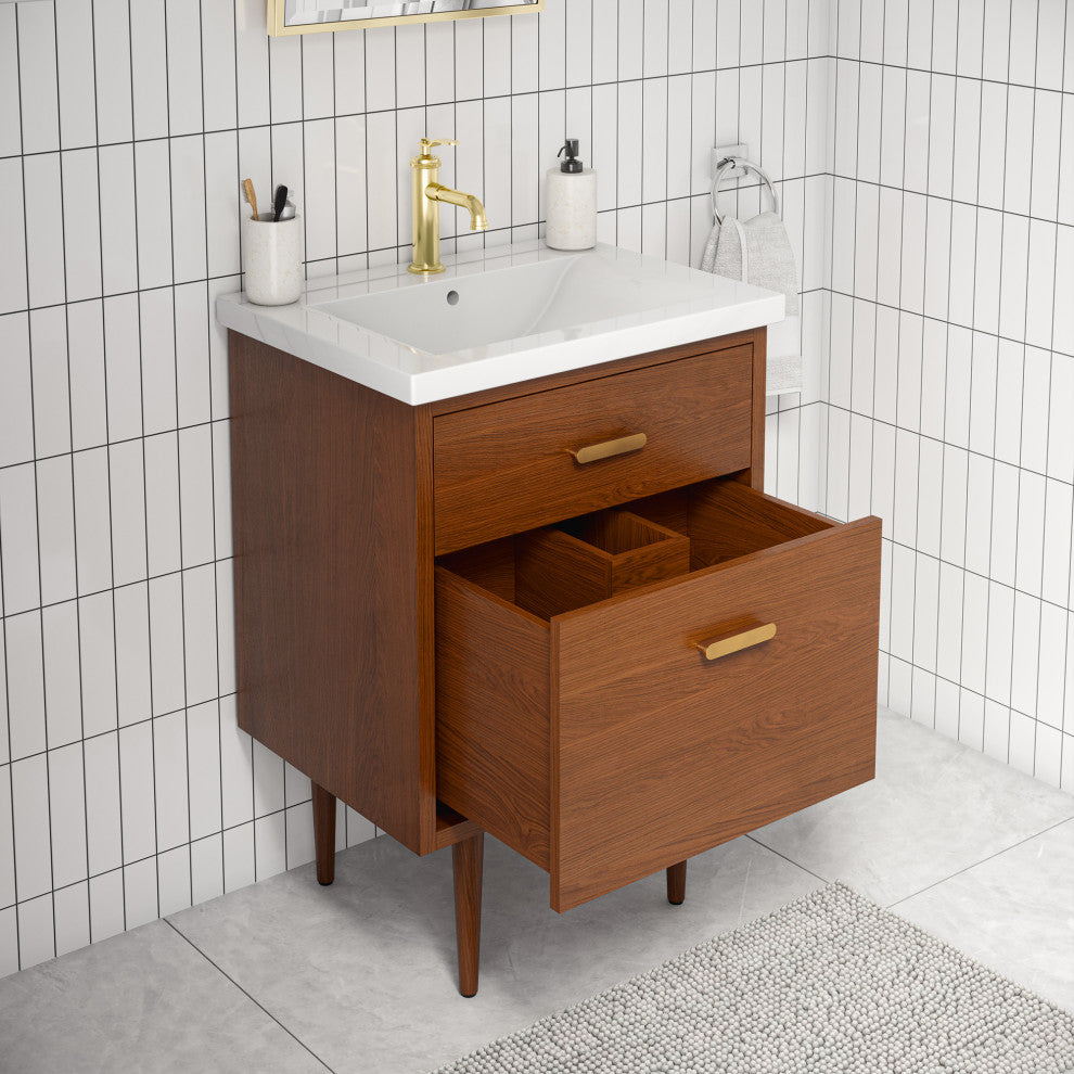 Brandy Integrated Ceramic Sink Top Vanity, Honey Walnut, 24", With Faucet
