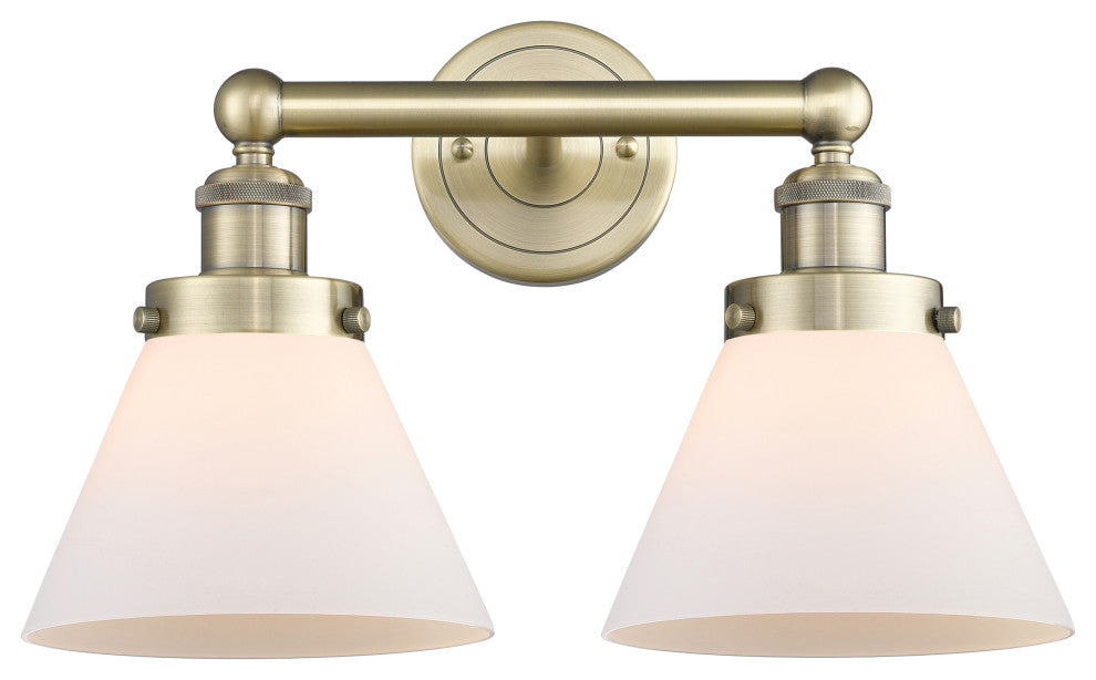 Edison Large Cone 2-Light 17" Vanity Light, Antique Brass With Matte White Shade