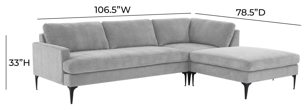 Serena Gray Velvet Right Arm Facing Chaise Sectional With Black Legs