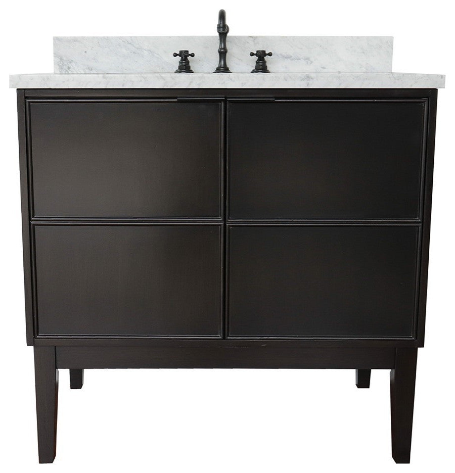 37" Single Vanity, Cappuccino Finish With White Carrara Top And Oval Sink