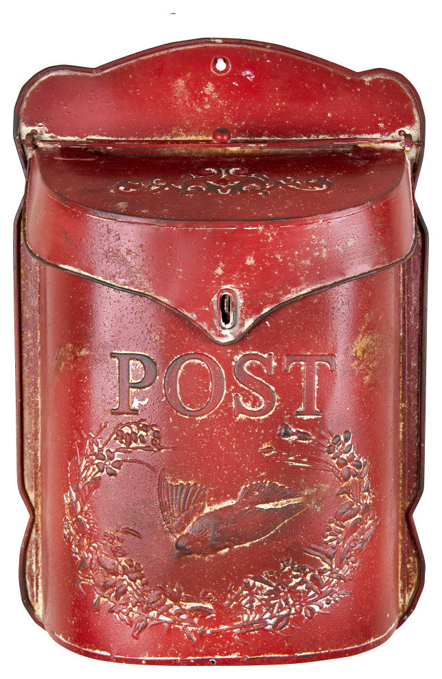 Embossed Tin Post Box, Distressed Finish, Red
