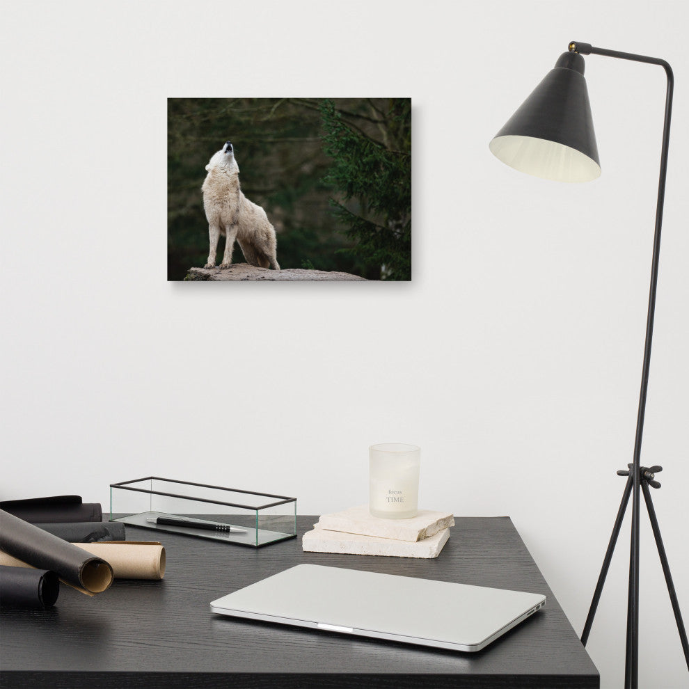 Howling White Wolf In The Forest Wildlife Photograph Canvas Wall Art Print, 12" X 16"