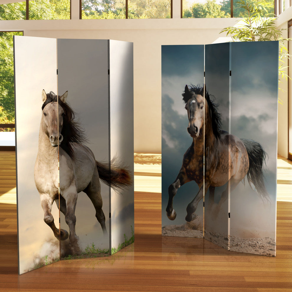6' Tall Double Sided Galloping Horses Canvas Room Divider