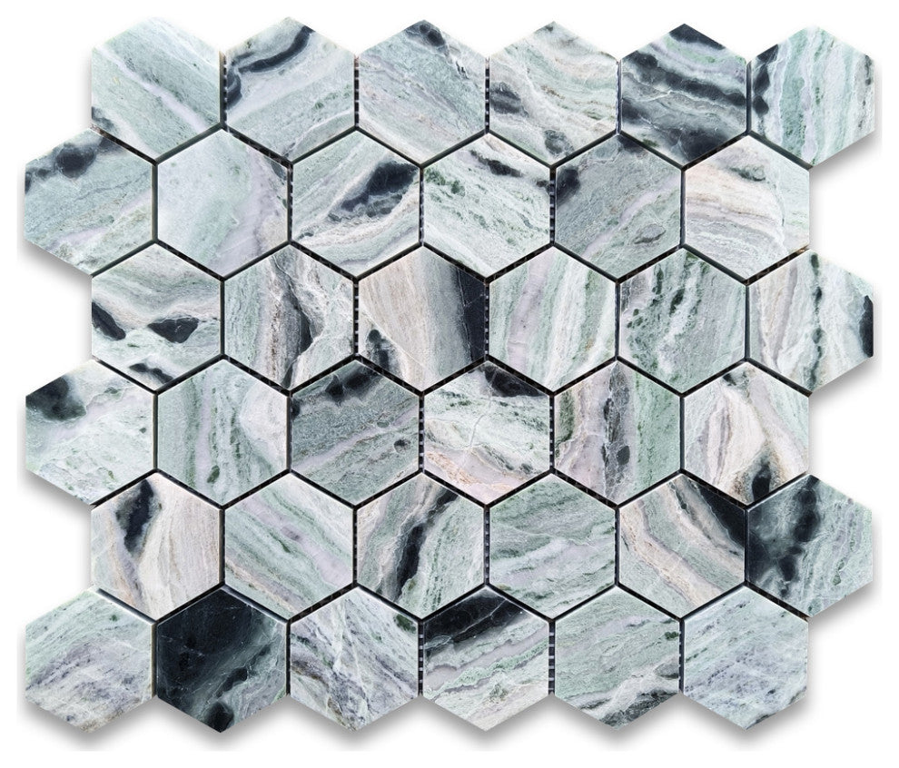 Sagano Vibrant Green Marble 2 inch Hexagon Mosaic Tile Honed, 1 sheet