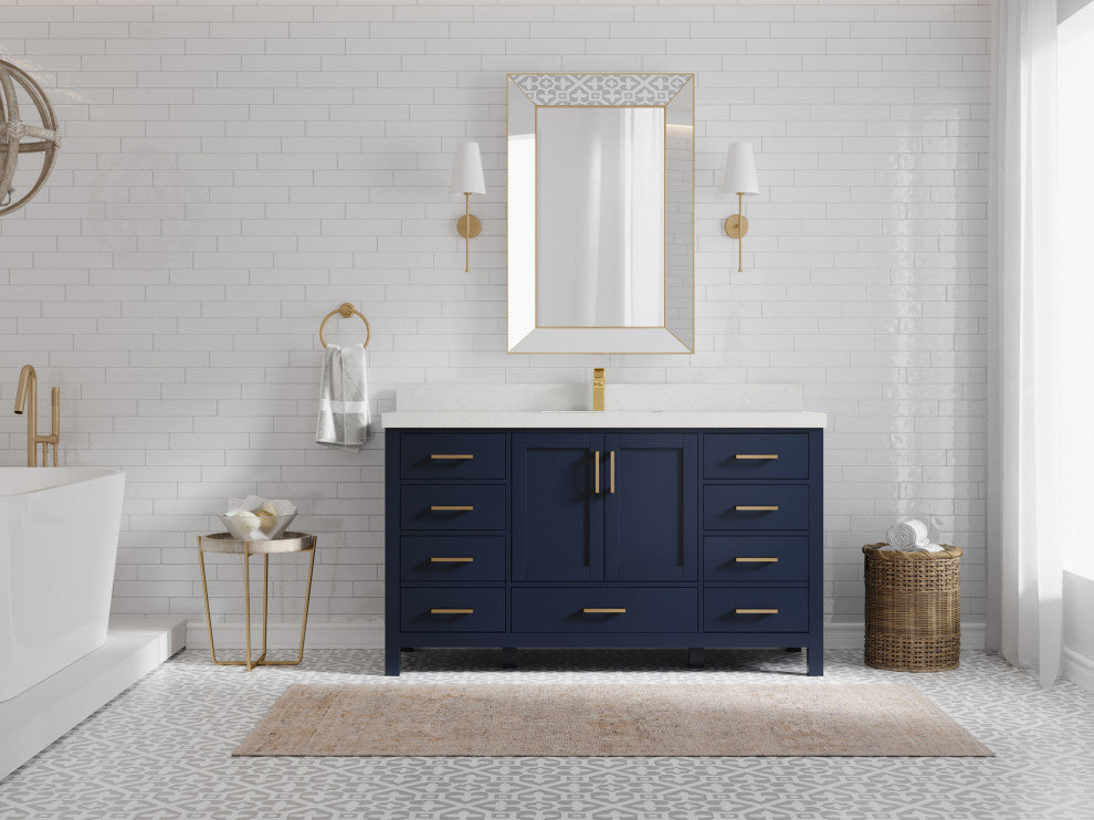 Malibu 60 Single Sink Bathroom Vanity in Navy Blue 2" Carrara Quartz