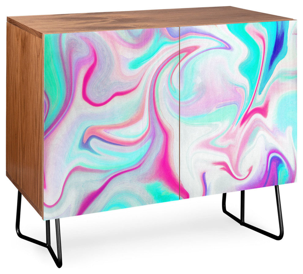 Deny Designs Liquid 3 Credenza, Walnut, Black Steel legs