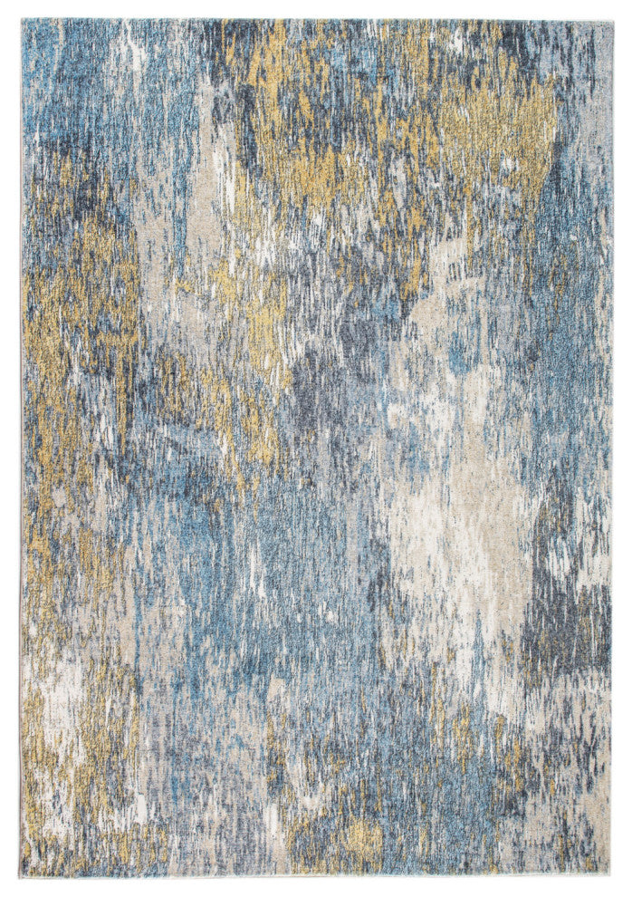 2"x7" Blue Gold Abstract Painting Modern Runner Rug