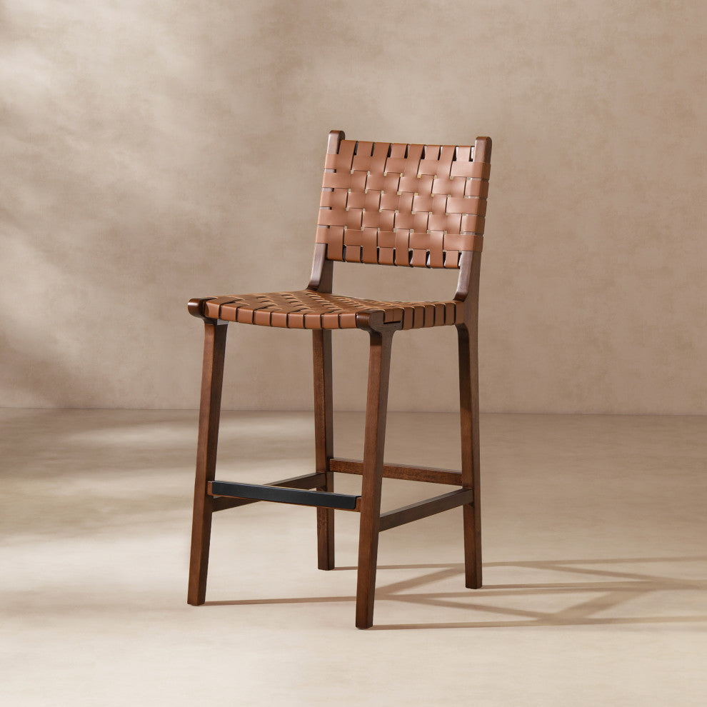 Andre 26" Woven Faux Leather Counter Stool, Pecan Brown