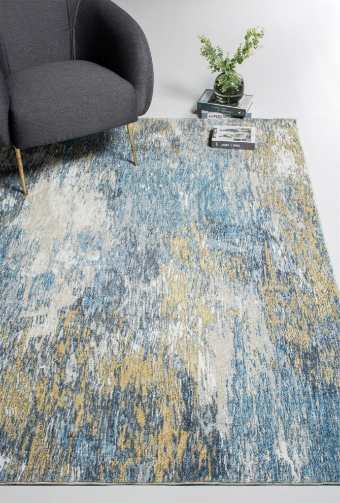 2"x7" Blue Gold Abstract Painting Modern Runner Rug
