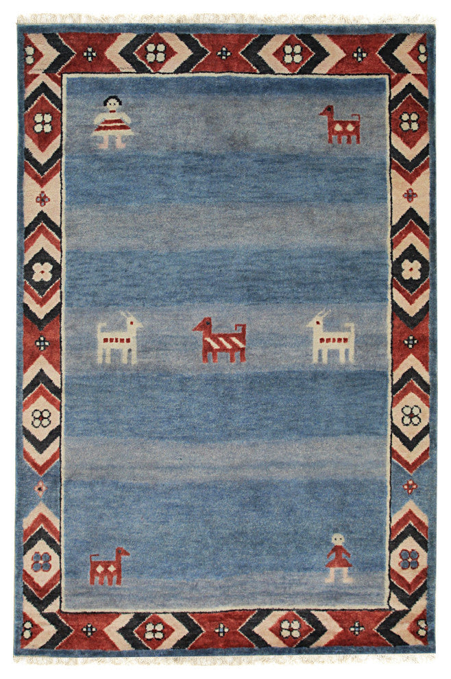 Hand-Knotted Wool Blue Traditional Classic Modern Knot Rug, 6'x9'