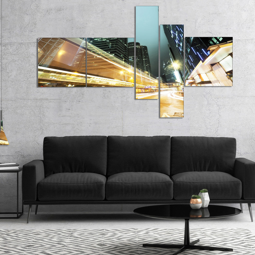 Traffic in Hong Kong at Night, Cityscape Canvas Print, 60"x32", 5 panels