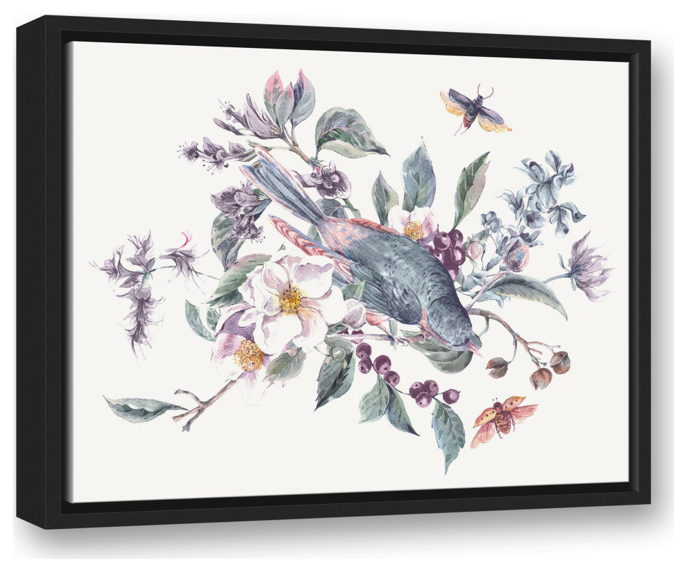 Watercolor Bird, Branches Purple Green 16x20 Black Floating Framed Canvas