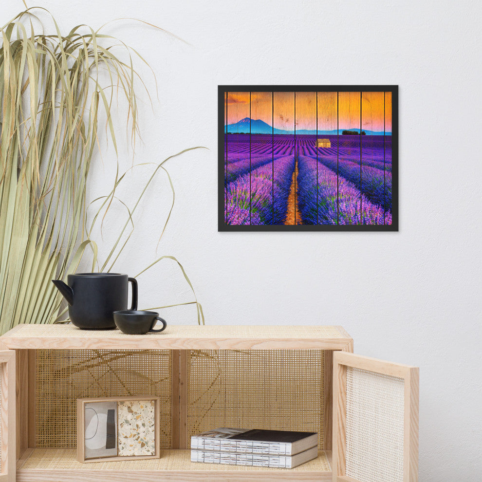Faux Wood Lavender Fields and Sunset Landscape Framed Photo Paper Wall Art Print, Black, 16" X 20"