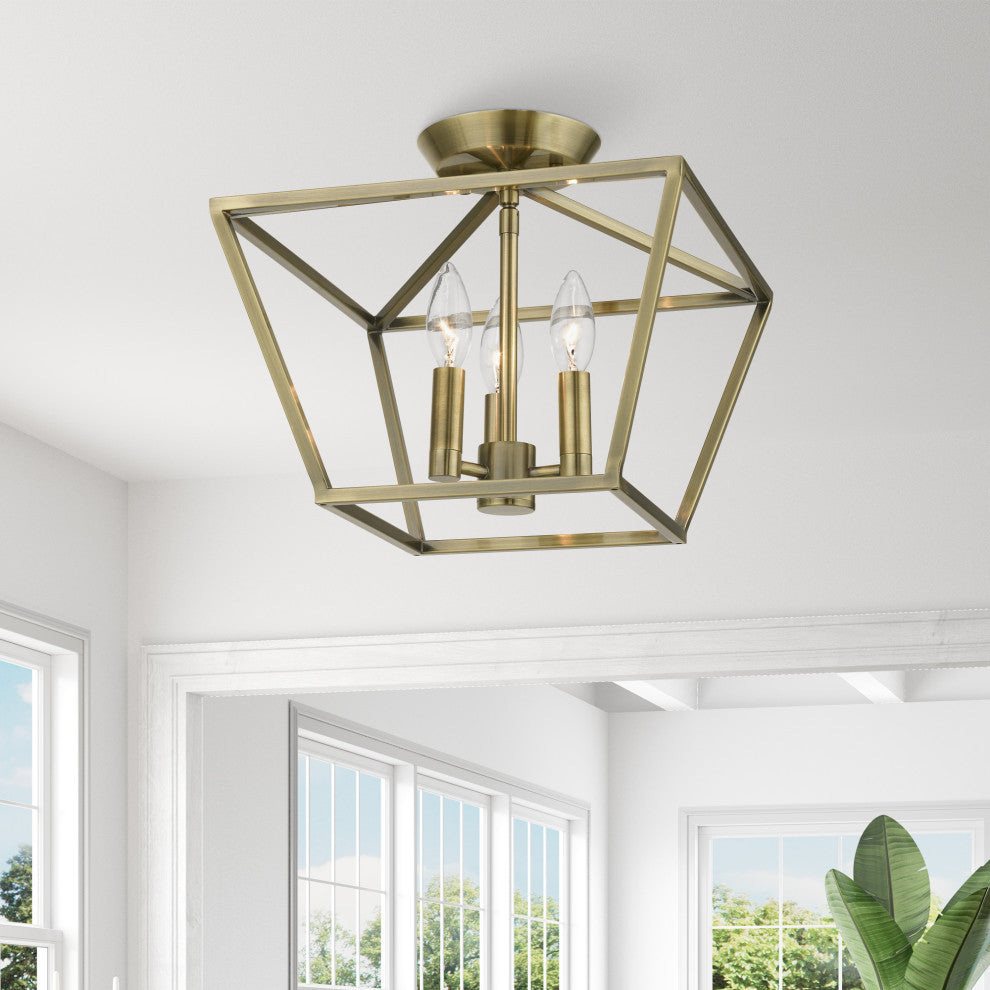 Devone 3 Light Antique Brass Square Semi-Flush