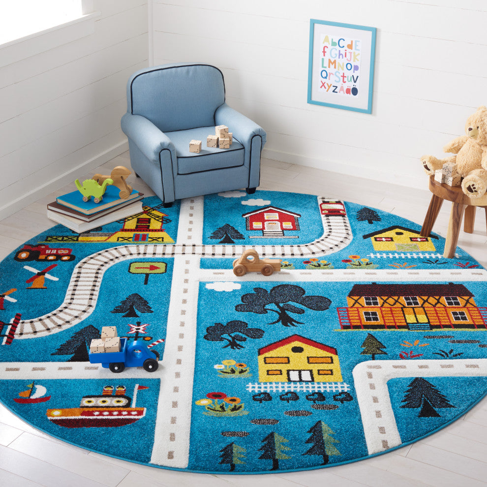 Safavieh Carousel Kids Collection CRK197M Rug, Blue/Beige, 6'7" X 6'7" Round