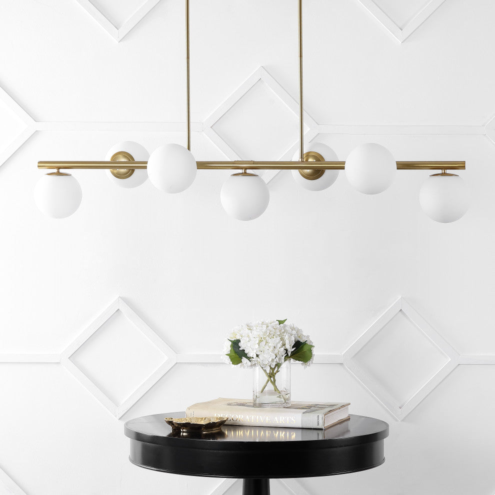 Luca Parisian 53" 7-Light Modern Iron Globe Linear LED Pendant, Brass Gold/White