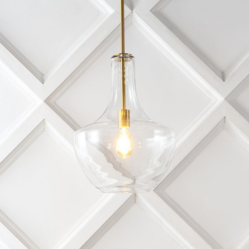 Watts 10.5" Glass, Metal LED Pendant, Brass Gold/Clear, Width: 13.25"