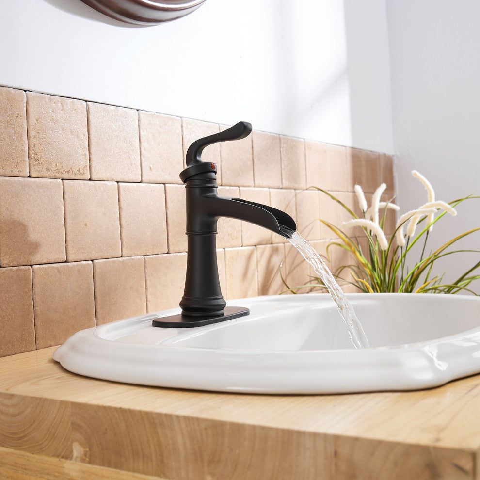 Waterfall Spout Bathroom Sink Faucet with Pop-up Drain, Matte Black