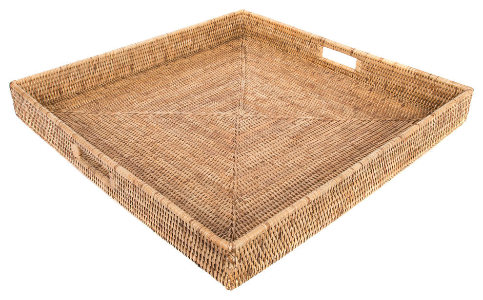 Artifacts Rattan™ Square Ottoman Tray with Cutout Handles, Honey Brown, 24"x24"