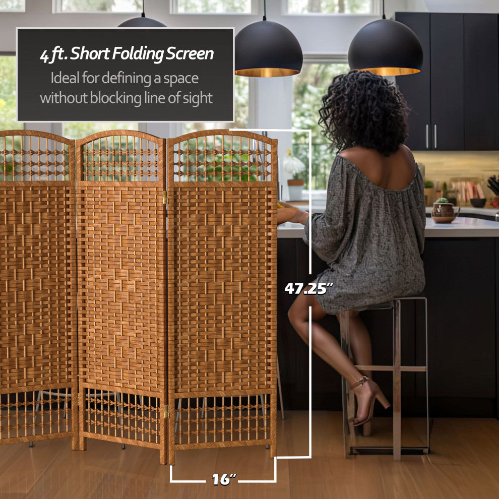 4' Tall Fiber Weave Room Divider, Dark Beige, 3 Panels