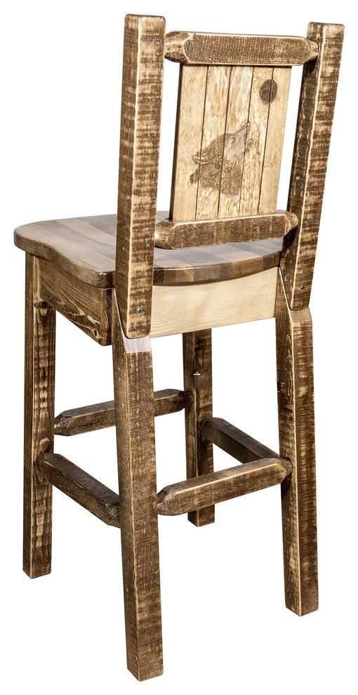 Homestead Barstool With Back, With Laser Engraved Wolf, Clear Lacquer Finish, St