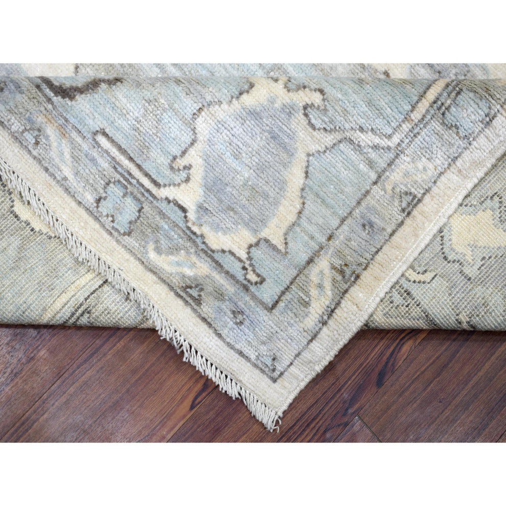 Ivory Hand Knotted Afghan Angora Oushak With Leaf Design Soft Wool Rug, 8'x9'9"