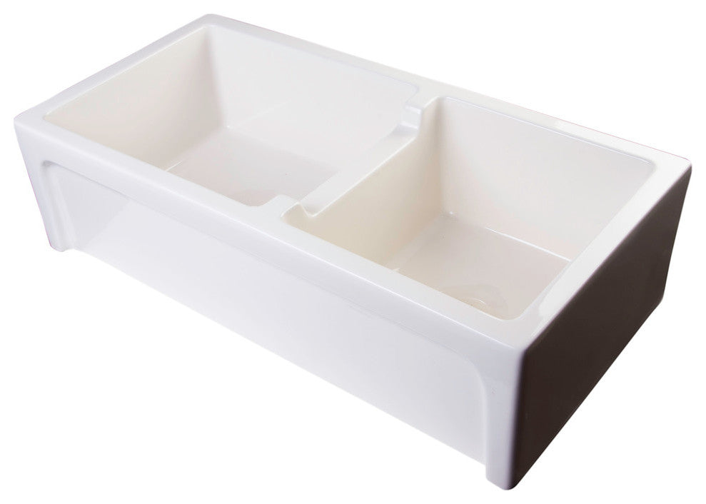 36" Biscuit Arched Apron Thick Wall Fireclay Double Bowl Farm Sink