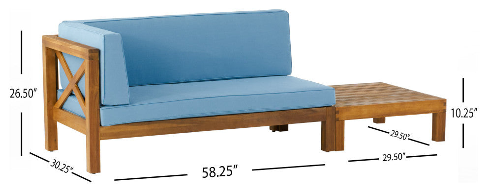 Keith Outdoor Left Arm Loveseat and Coffee Table Set, Blue/Teak