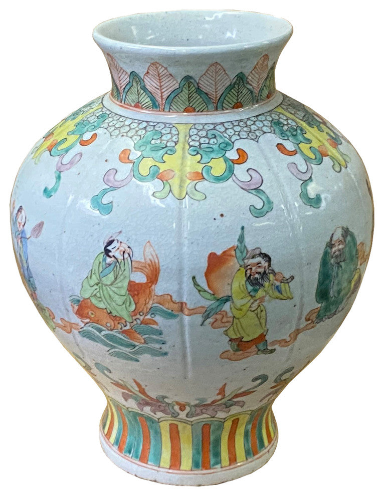 Chinese Oriental Eight Immortals Off White Beige Color Ceramic Vase Hws2000