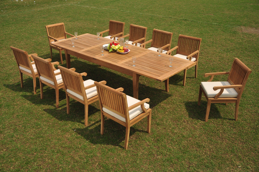 11-Piece Patio Teak Dining Set: 122" X-Large Rectangle Table, 10 Sack Arm Chairs