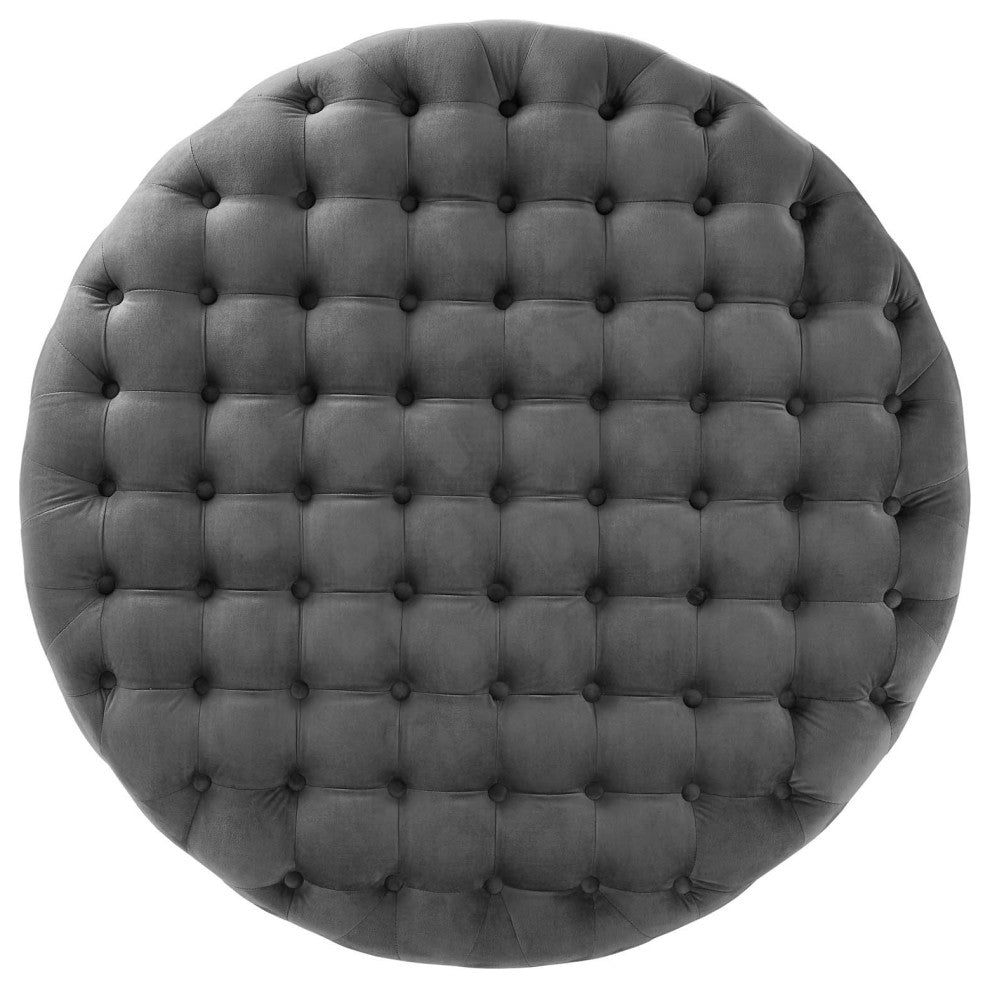Tufted Accent Chair Ottoman, Round, Velvet, Gray, Modern, Lounge
