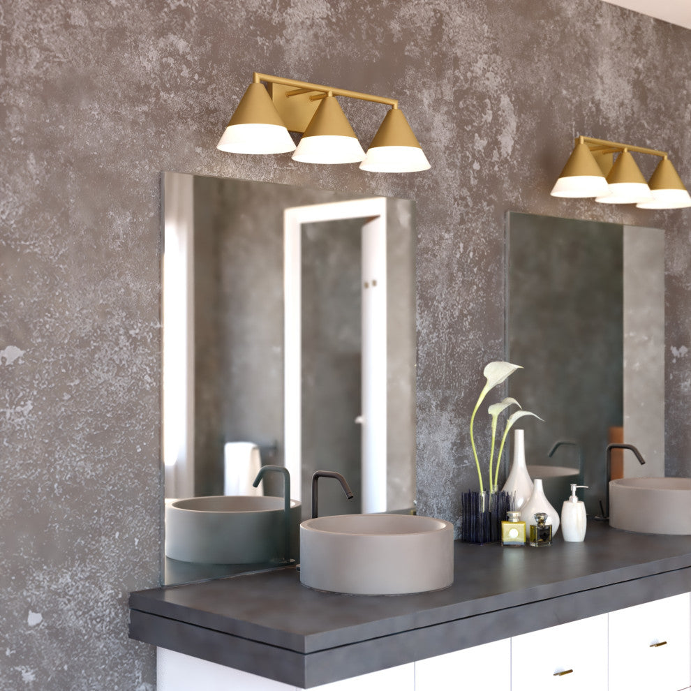 Winthrop 25.25" 3-Light Gold Modern Bathroom Vanity Fixture, White Glass Shade, Harvest Gold