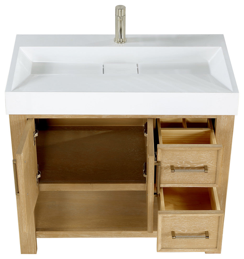 Vera Bath Vanity with Stone Top, Washed Ash Grey, 36", Single Vanity, With Mirror
