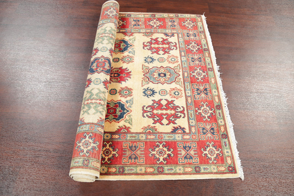Traditional Kazak Oriental Hand Made Pakistani Area Rug, Beige, 5'10"x4'0