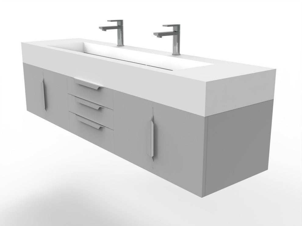 CastelloUSA Nile 72" Wall Mounted Bathroom Vanity Set, Gray, White Top, Chrome Handles