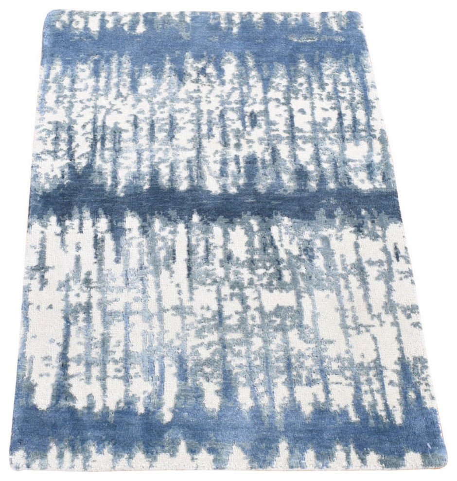 Ivory/Blue Cardiac Design Silk With Textured Wool Hand Knotted Mat Rug 2'1"x3'1"